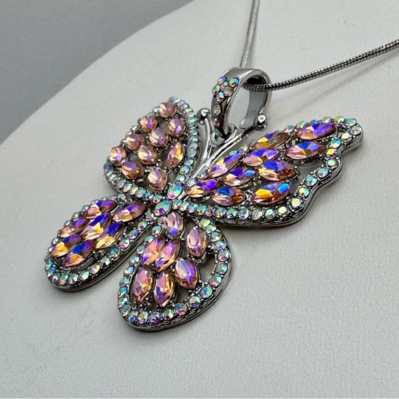 New Pink AB Crystal Butterfly Pendant Necklace Rhinestone Statement Silver - Picture 6 of 8